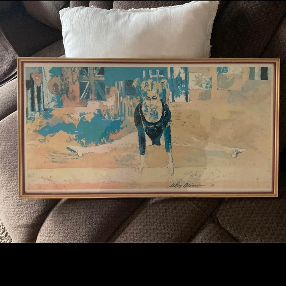 Vintage 1976 Olga Korbut gymnastics beam print picture framed by LEROY NEIMAN